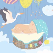 Stork and baby on blue sky. Vector illustration