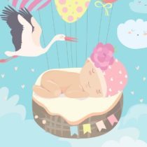 Stork and baby on blue sky. Vector illustration